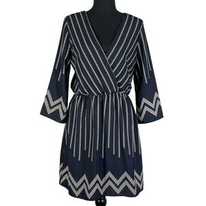 Lulus‎ Mini Dress Navy Blue White Print V Neck 3/4 Sleeve Elastic Waist Size M